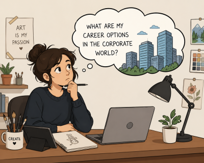 Cartoon illustration of an artist working in a home office, sitting at a desk with art supplies and a laptop while thoughtfully imagining career opportunities in the corporate world. A thought bubble above shows office buildings, representing curiosity about stable professional career paths for creative professionals.
