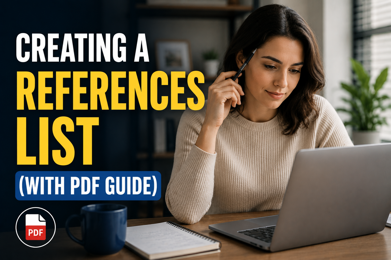 Thumbnail image showing a job seeker working at a laptop while creating a references list, with the title “Creating a References List (With PDF Guide)” displayed in bold text.