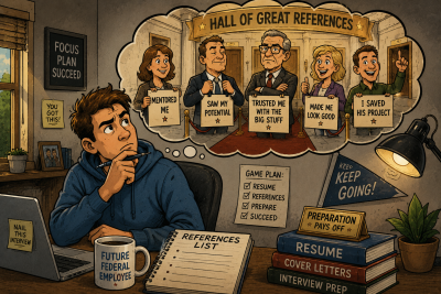 Political cartoon-style illustration of a job seeker in a home office humorously imagining potential professional references while thinking through who to include on a references list.