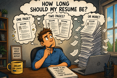 Political cartoon-style illustration of a job seeker in a home office wondering how long his resume should be, imagining one-page, two-page, and longer resume possibilities in humorous thought bubbles.