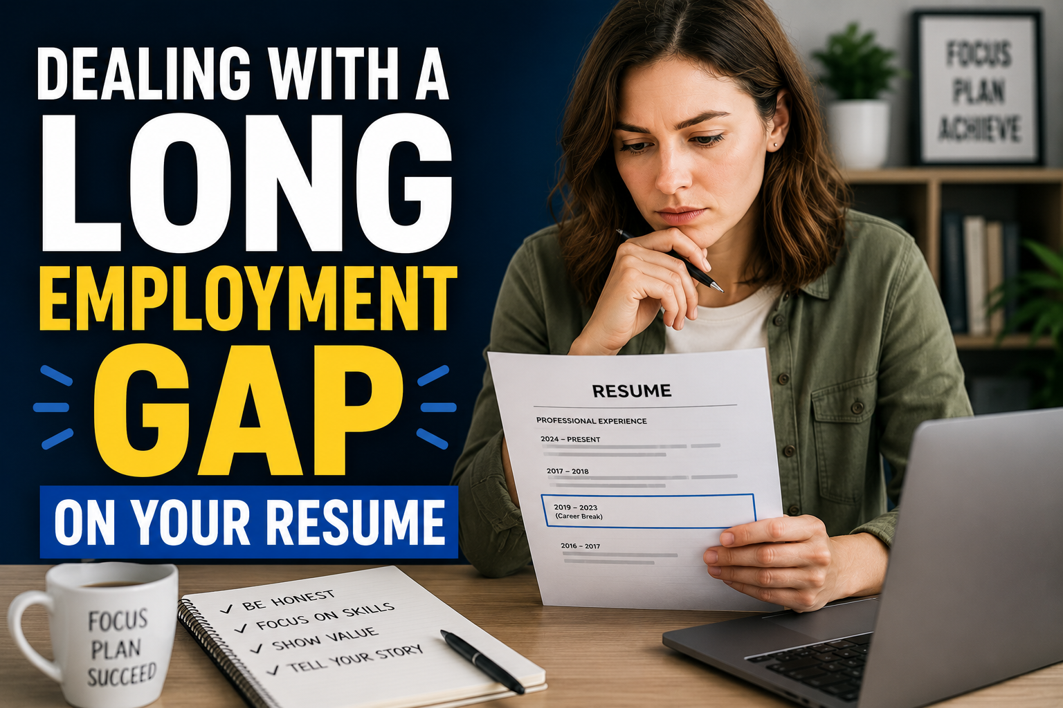 Thumbnail image showing a job seeker reviewing a resume with an employment gap, with the title “Dealing with a Long Employment Gap on Your Resume” displayed in bold text.