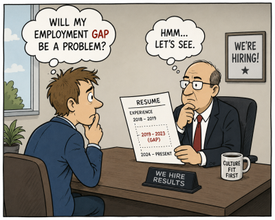 Political cartoon-style illustration of a worried job seeker wondering whether an employment gap on his resume will hurt his chances, as an interviewer reviews the resume.
