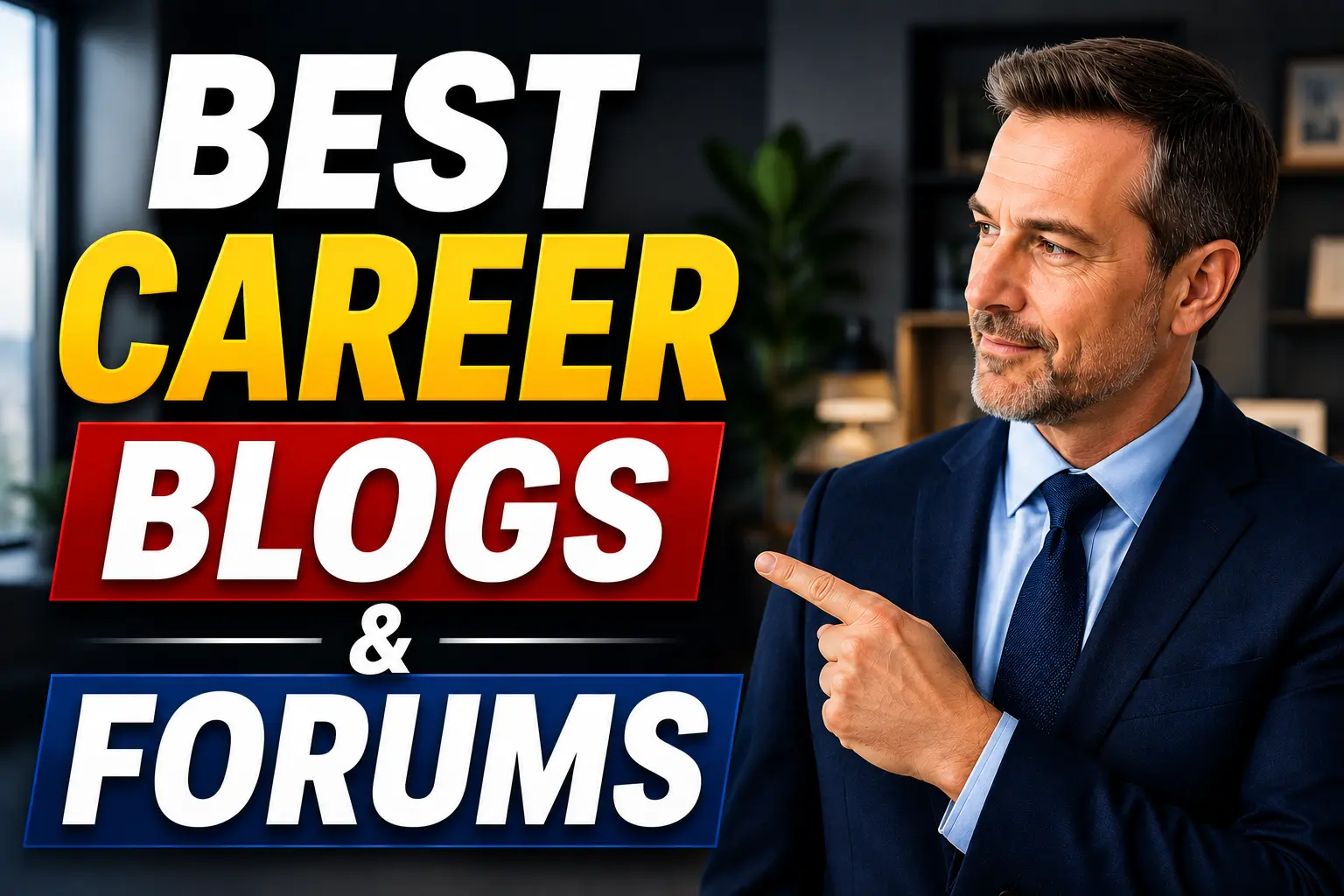 thumbnail for “Best Career Blogs & Forums” featuring a professional businessman pointing toward bold headline text, set against a modern office background.