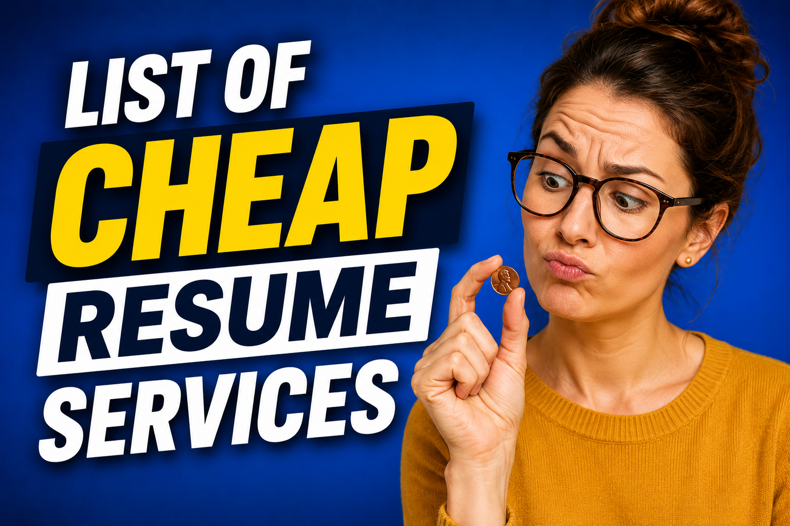Thumbnail for a resume services article featuring bold “List of Cheap Resume Services” text and a budget-conscious woman inspecting a penny against a blue background.