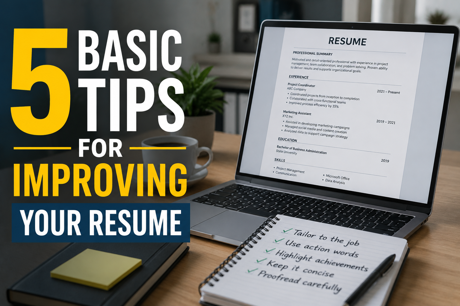 Thumbnail image showing a job seeker working on a resume at a desk, with the title “5 Basic Tips for Improving Your Resume” displayed in bold text.