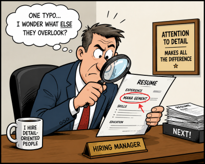 Political cartoon of a hiring manager spotting a typo on a resume with a magnifying glass and questioning the applicant’s attention to detail.