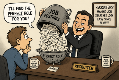 Cartoon showing a recruiter promising to find the “perfect role” while sorting a chaotic pile of job postings, humorously highlighting the uncertainty of relying on recruiters in a job search.