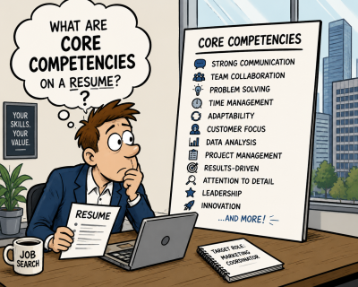 Cartoon illustration of a confused job seeker in a corporate office setting, sitting at a desk with a resume in hand while looking at a large display titled “Core Competencies.” The board lists common resume buzzwords like communication, teamwork, problem solving, leadership, and adaptability, highlighting the uncertainty many job seekers feel when trying to understand what employers mean by core competencies.