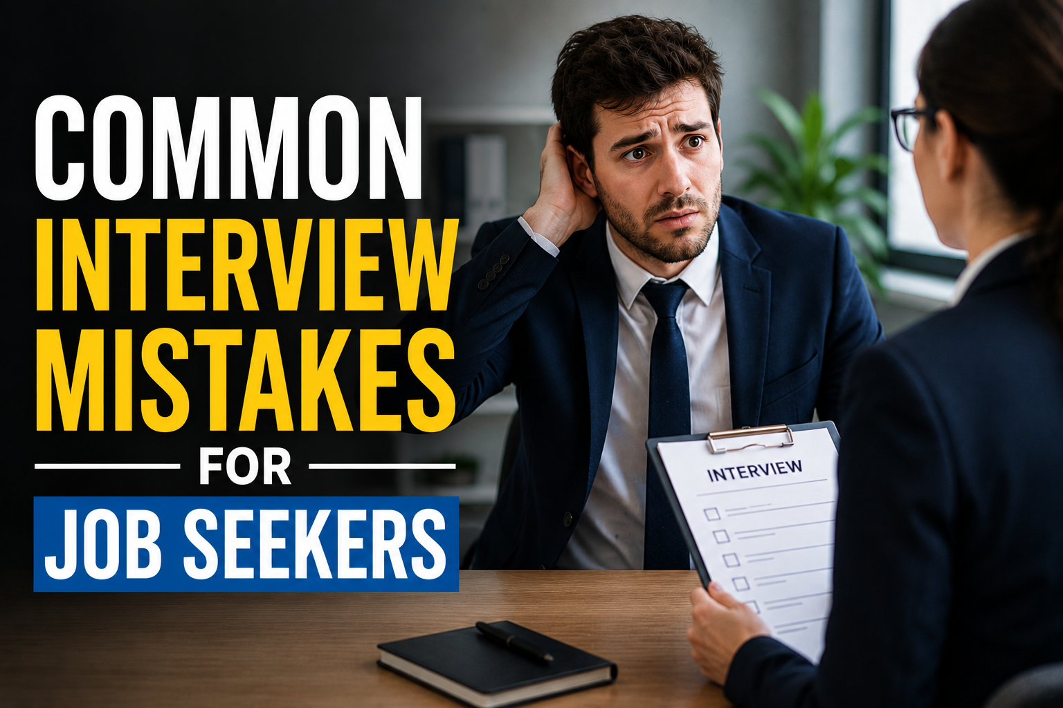 Thumbnail image showing a nervous job seeker in an interview setting, with the title “Common Interview Mistakes for Job Seekers” displayed in bold text.