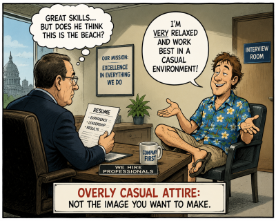 Political cartoon-style illustration of a job seeker wearing overly casual vacation-style clothing to an interview, humorously highlighting an unprofessional first impression.