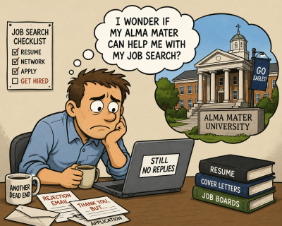 Cartoon of a frustrated job seeker at a desk surrounded by rejection letters, wondering if their alma mater’s career services could help with the job search.
