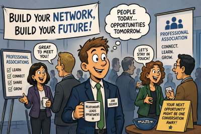 Political cartoon-style illustration of a job seeker using a professional association event to make new connections, highlighting networking and career growth in a simple, humorous way.