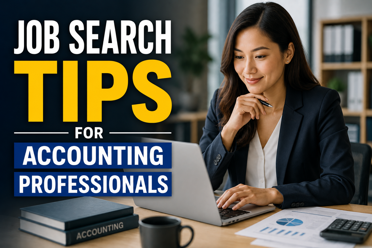 Thumbnail image showing an accounting professional working at a desk with financial documents and a laptop, with the title “Job Search Tips for Accounting Professionals” displayed in bold text.