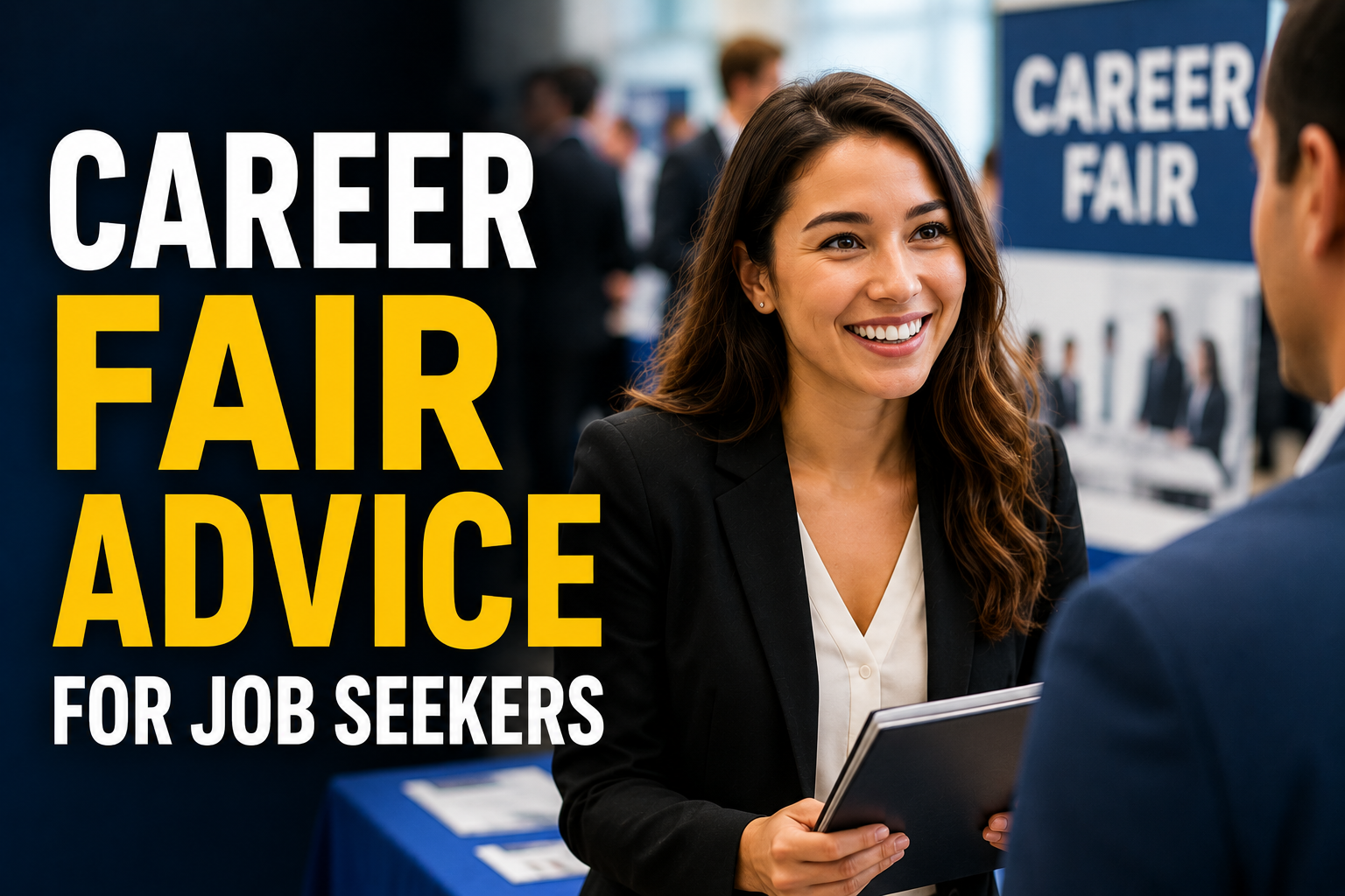 Thumbnail image showing a job seeker speaking with a recruiter at a career fair, with the title “Career Fair Advice for Job Seekers” displayed in bold text.
