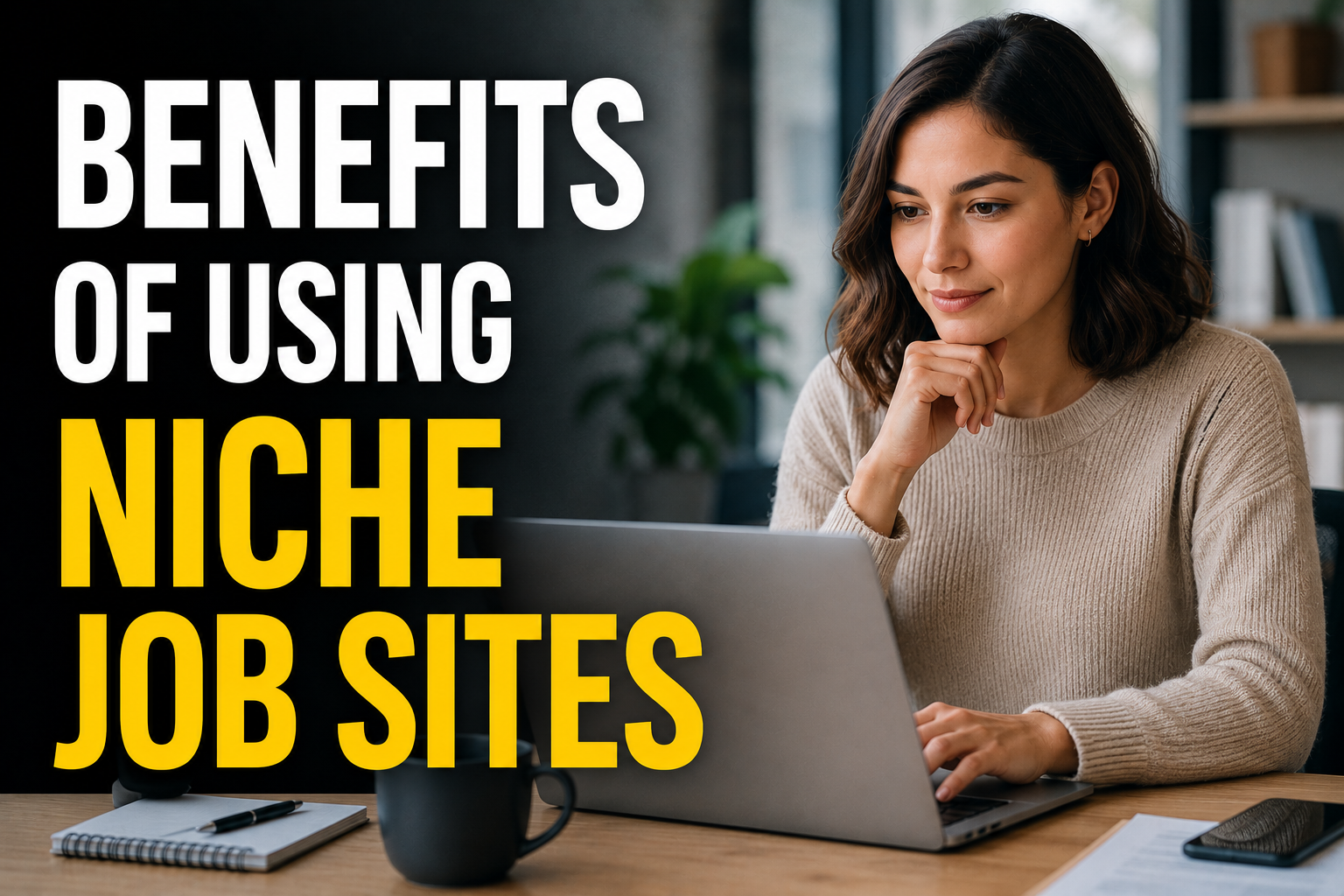 Thumbnail image showing a job seeker browsing opportunities on a laptop, with the title “Benefits of Using Niche Job Sites” displayed in bold text.