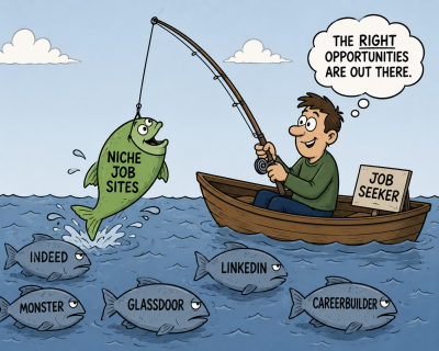Political cartoon-style illustration of a job seeker using niche job sites to search for opportunities, depicted in a simple, humorous scene.
