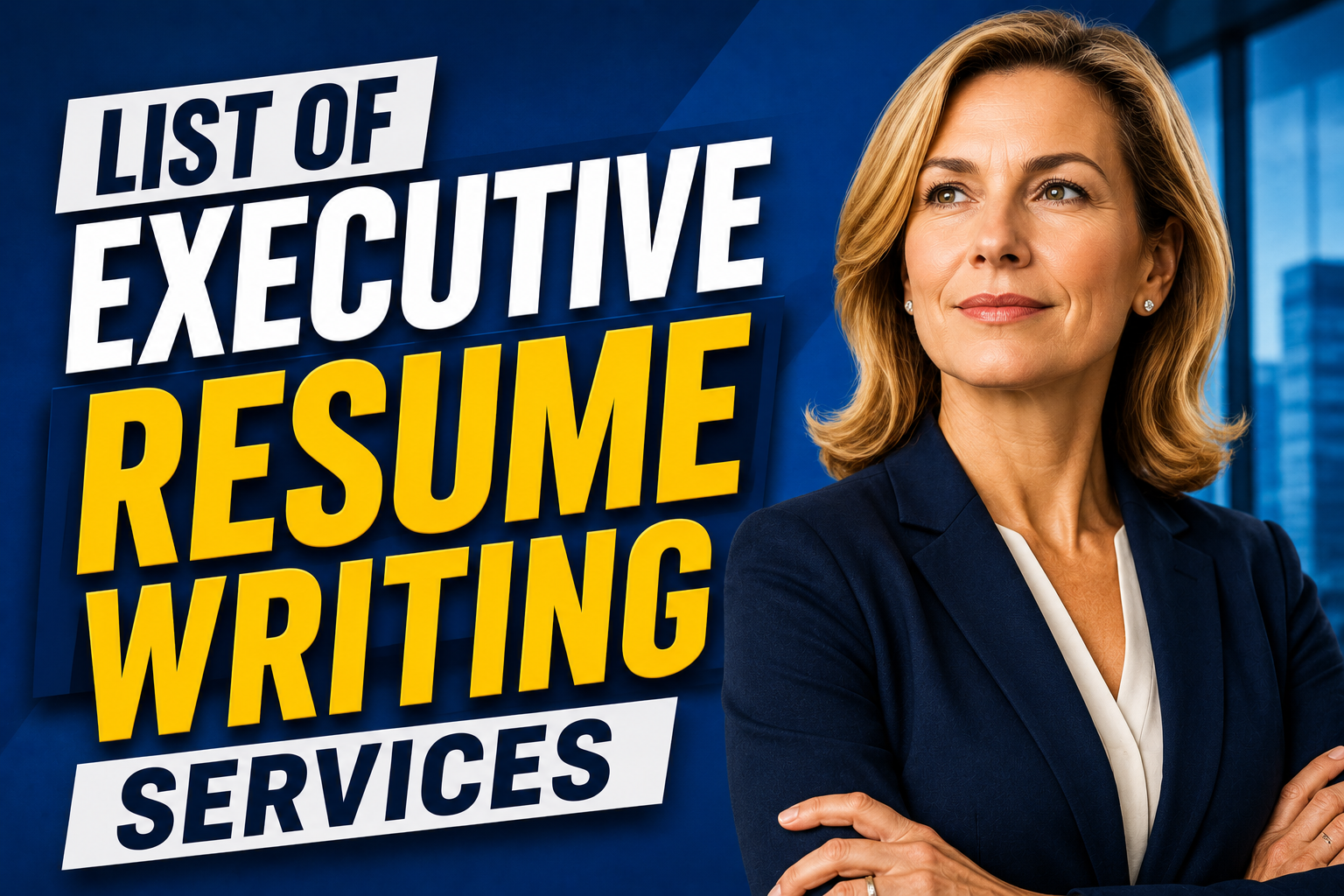 List of Executive Resume Writing Services Thumbnail for an executive career services article featuring bold “List of Executive Resume Writing Services” text and a confident professional businesswoman in a corporate setting with a blue-themed background.