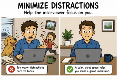 Cartoon illustration comparing a chaotic video interview with distractions like a dog and child versus a calm, clean setup for a professional interview.