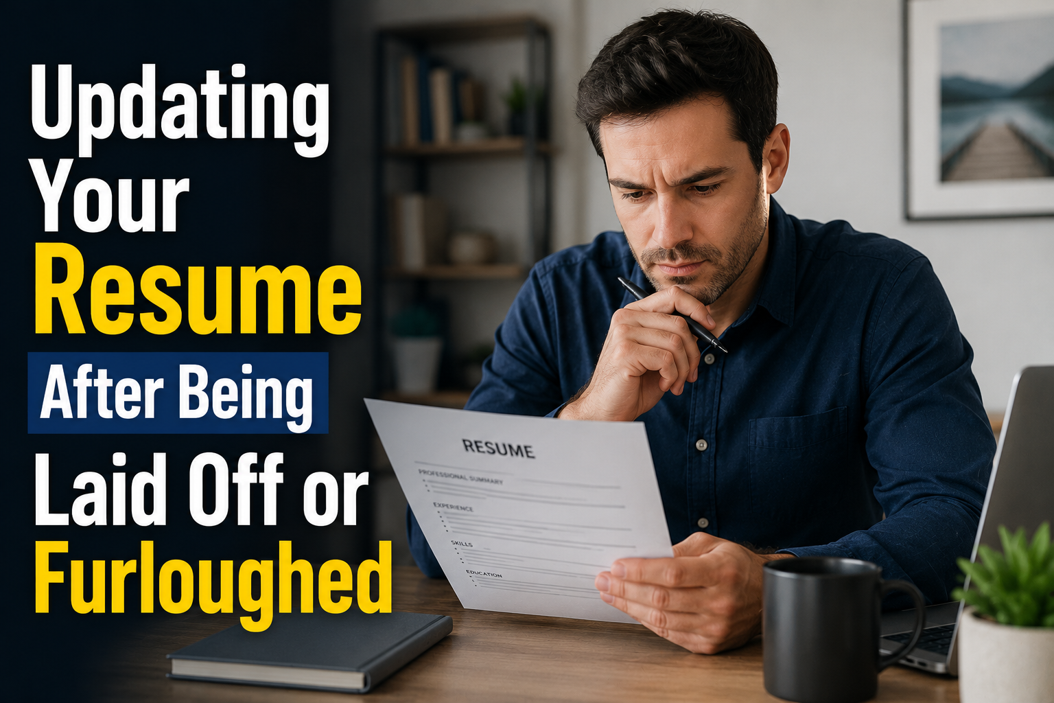 Thumbnail image showing a job seeker reviewing and updating a resume after a layoff or furlough, with the title “Updating Your Resume After Being Laid Off or Furloughed” displayed in bold text.