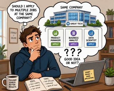 Cartoon illustration of a job seeker considering whether applying to multiple jobs at the same company is a smart strategy, with several job openings shown in a thought bubble above their laptop.