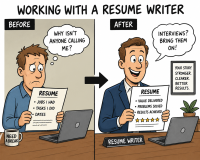 Cartoon-style illustration showing a frustrated job seeker with a weak resume on one side and a confident candidate after working with a resume writer on the other, highlighting the transformation from confusion to interview readiness.