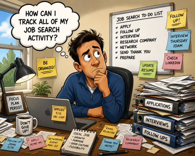 Political cartoon illustration of an overwhelmed job seeker in a cluttered home office wondering how to track job applications, interviews, follow-ups, and employer research.