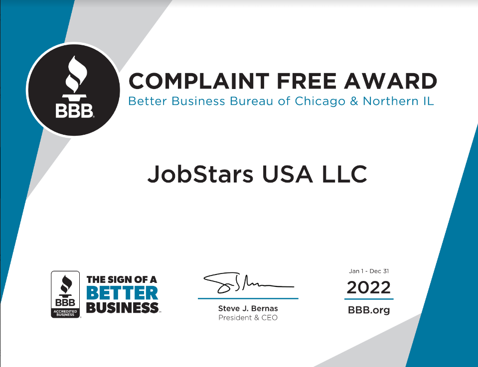 JobStars BBB Complaint Free Award 2022