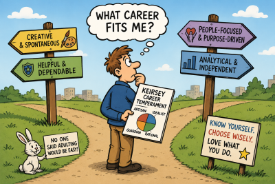 Cartoon-style illustration of a professional standing at a career crossroads holding a Keirsey Career Temperament chart, surrounded by directional signs representing different personality traits and career tendencies, symbolizing career decision-making through personality assessment.