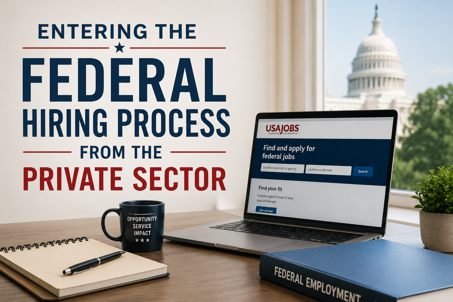 Professional cover image for an article about transitioning from the private sector into federal employment, featuring the title “Entering the Federal Hiring Process from the Private Sector” beside a laptop displaying the USAJOBS website in a modern office setting with the U.S. Capitol visible in the background.
