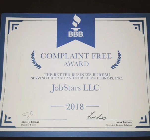 JobStars BBB Complaint Free Award 2018