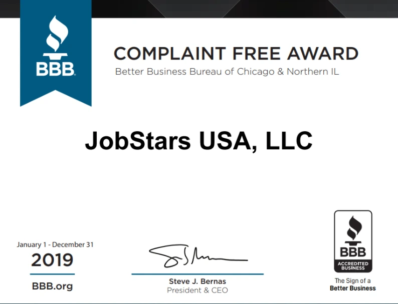 JobStars BBB Complaint Free Award 2019