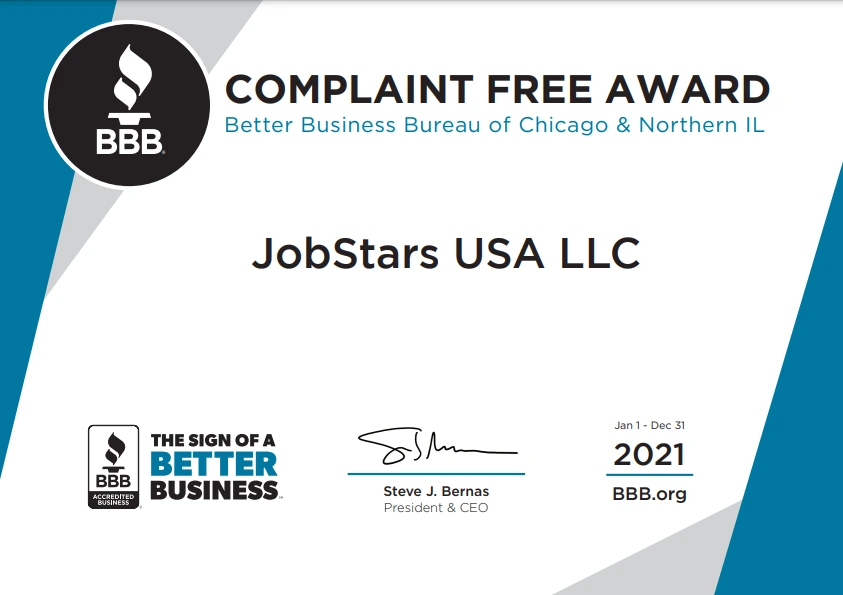 JobStars BBB Complaint Free Award 2021