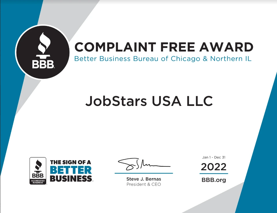 JobStars BBB Complaint Free Award 2022