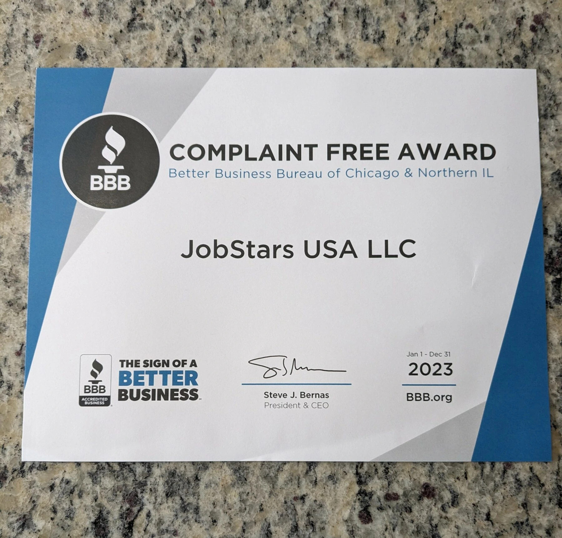 JobStars BBB Complaint Free Award 2023