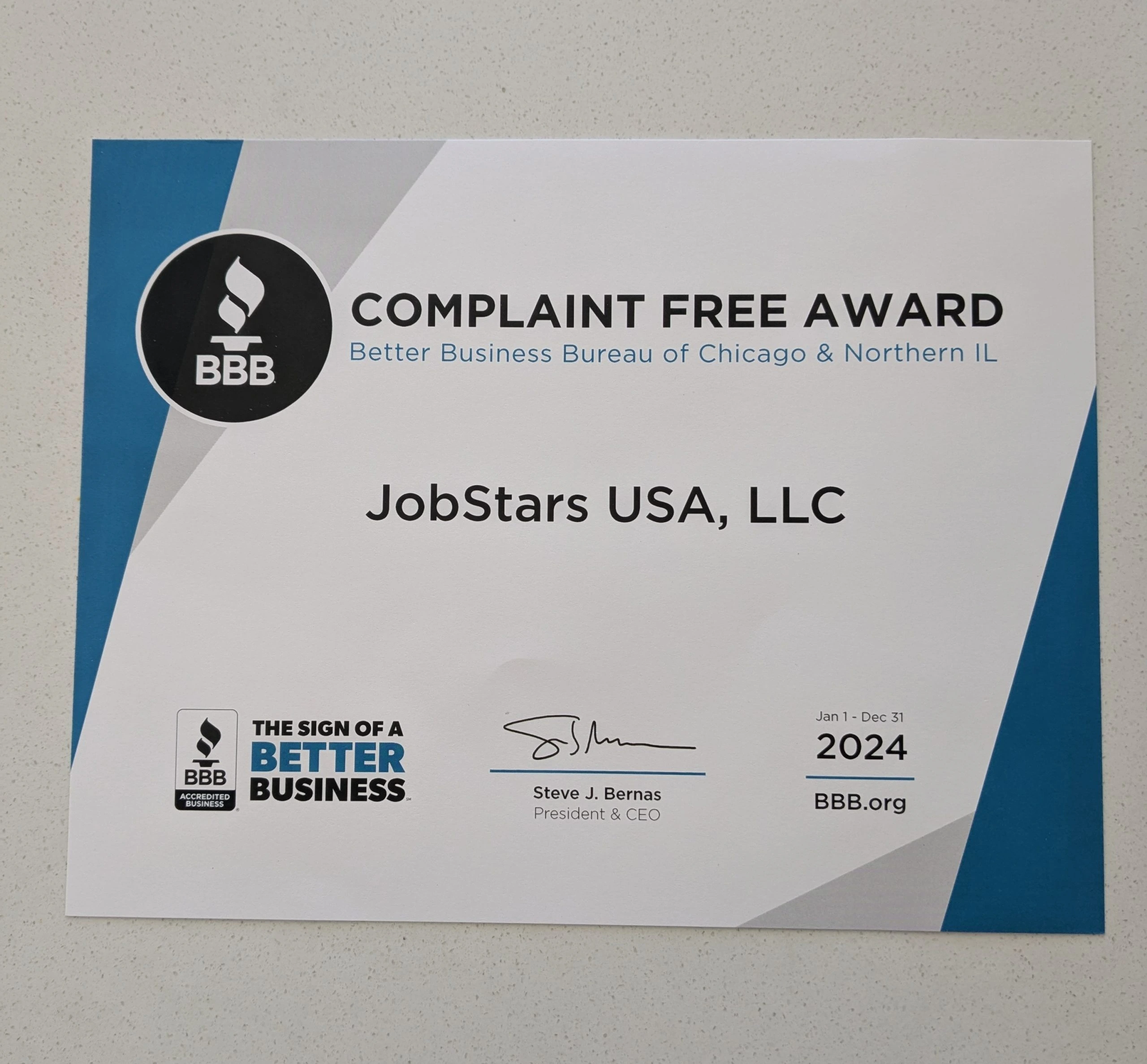 JobStars BBB Complaint Free Award 2024