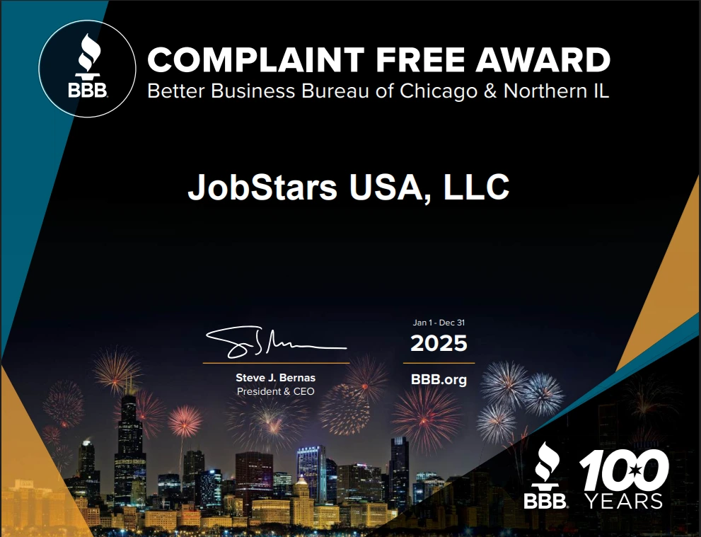 JobStars BBB Complaint Free Award 2025 Better Business Bureau Complaint-Free Award recognizing JobStars USA for preserving a complaint-free reputation and customer-focused service in 2025.