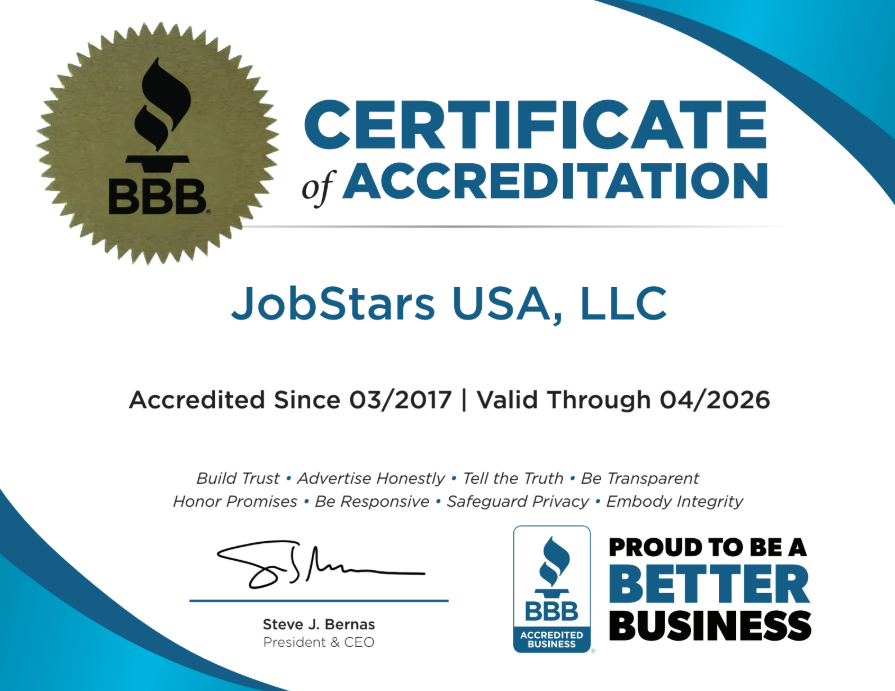 JobStars USA BBB Certificate of Accreditation 2025