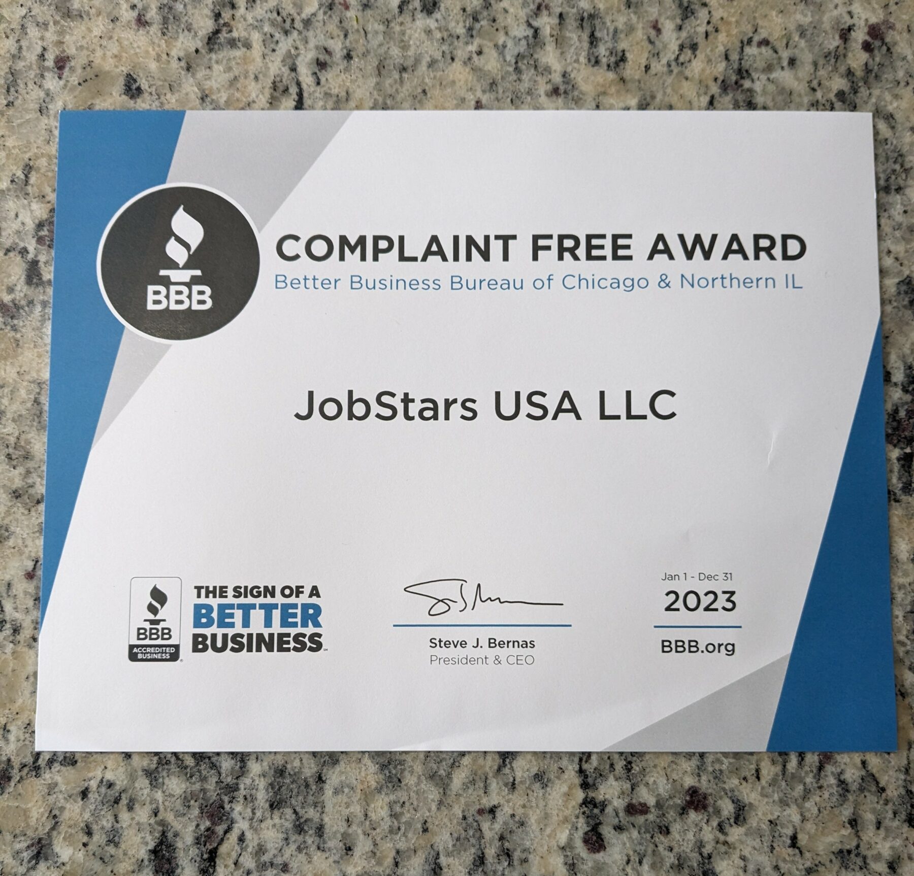 JobStars BBB Complaint Free Award 2023