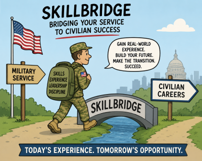 Cartoon-style illustration of a military service member crossing a “SkillBridge” bridge from military service toward civilian career opportunities.