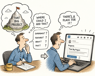 Cartoon illustration of a professional wondering where to showcase a major project on LinkedIn, then realizing it can be added to the Projects section of their profile.