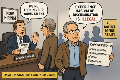 Political cartoon illustrating workplace age discrimination, showing an older job applicant facing bias during hiring and emphasizing fair treatment, equal opportunity, and knowing your employment rights.