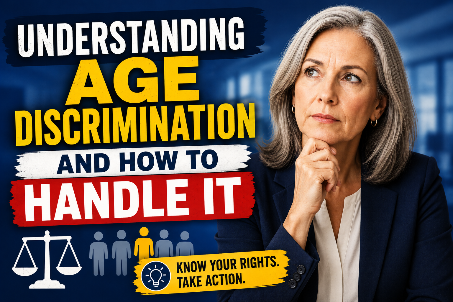 Understanding Age Discrimination and How to Handle it Professional YouTube-style thumbnail about age discrimination featuring a thoughtful older business professional beside bold text about understanding age discrimination and how to handle it, with workplace and legal-themed visual elements.