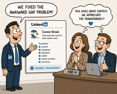 Cartoon of a LinkedIn presenter introducing the Career Break feature to two smiling HR professionals who welcome the added context around employment gaps.