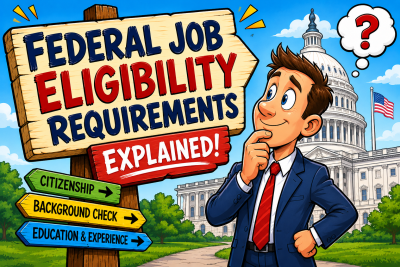 Political cartoon illustration showing a job seeker reviewing federal job eligibility requirements outside the U.S. Capitol, with colorful signs highlighting key hiring criteria.