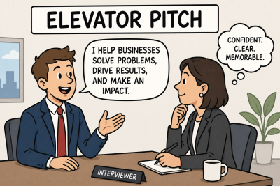 Cartoon-style illustration showing a job seeker delivering an elevator pitch under a spotlight, emphasizing the pressure and importance of making a strong first impression in an interview setting.