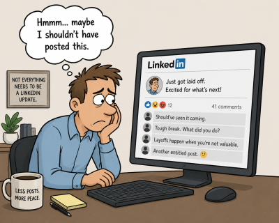 Cartoon of a worried man staring at his LinkedIn layoff post on a computer screen, with a thought bubble that says, “Hmmm... maybe I shouldn’t have posted this.”