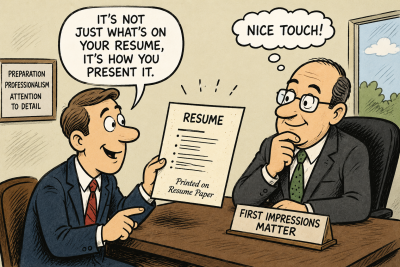 Political cartoon-style illustration showing a job applicant presenting a printed resume on premium resume paper to a hiring manager at a desk, emphasizing the idea that professional presentation and first impressions can influence how job candidates are perceived.