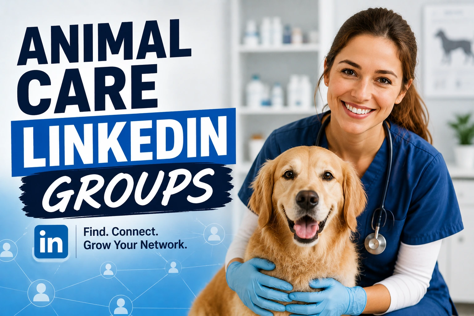 A smiling veterinary professional in blue scrubs holds a golden retriever beside bold “Animal Care LinkedIn Groups” text, with subtle LinkedIn networking graphics representing professional connections and community engagement.