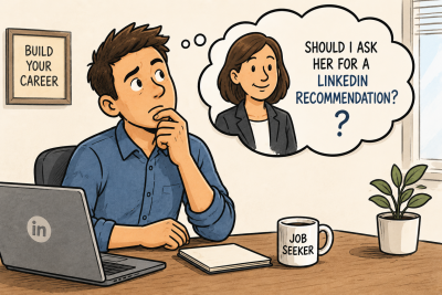 Cartoon-style illustration of a job seeker in a home office thoughtfully considering whether to ask a professional contact for a LinkedIn recommendation, with a thought bubble showing the contact and the question, “Should I ask her for a LinkedIn recommendation?”