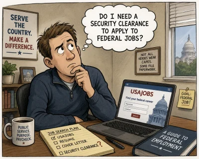 Political cartoon illustration of a federal job seeker sitting in a home office, reviewing USAJOBS and wondering whether a security clearance is required to apply for federal government jobs. A thought bubble above his head reflects his uncertainty as he plans his federal job search.
